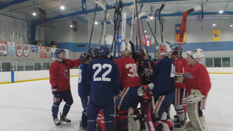 The Ole Miss hockey team huddling at the end of a recent practice.