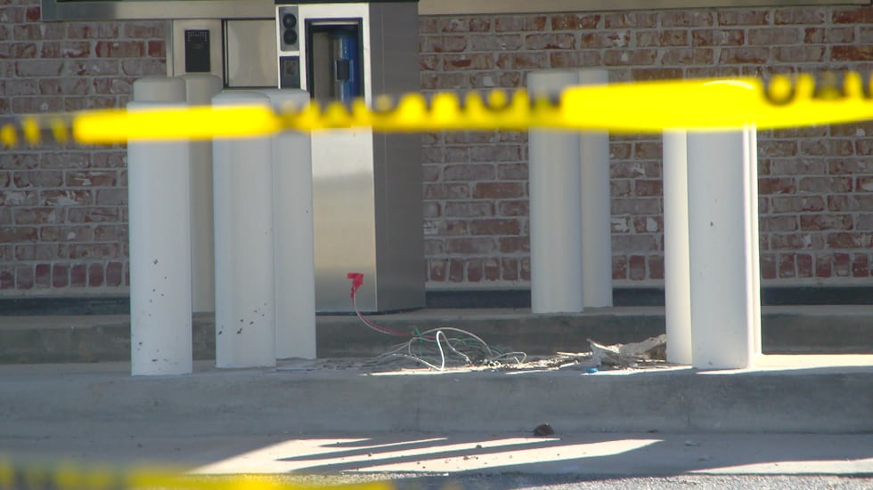 Wires exposing from where stolen ATM sat at Bank of Fayette County