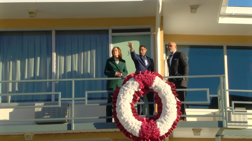 (Left) Kamala Harris overlooks the balcony at the former Lorraine Motel, where Revered Dr....