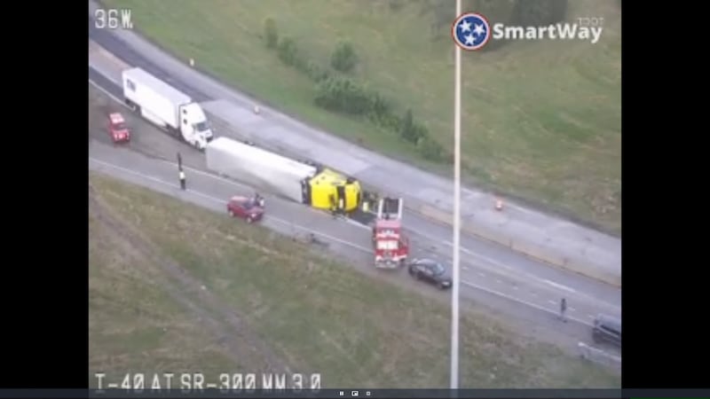 Overturned semi-truck on I-40 West in Memphis near North Watkins Street