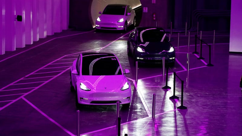 Teslas park in the Las Vegas Convention Center Loop, an underground tunnel developed by Elon...