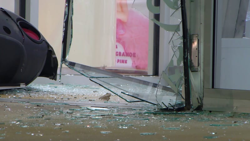 Broken glass left after a store burglary