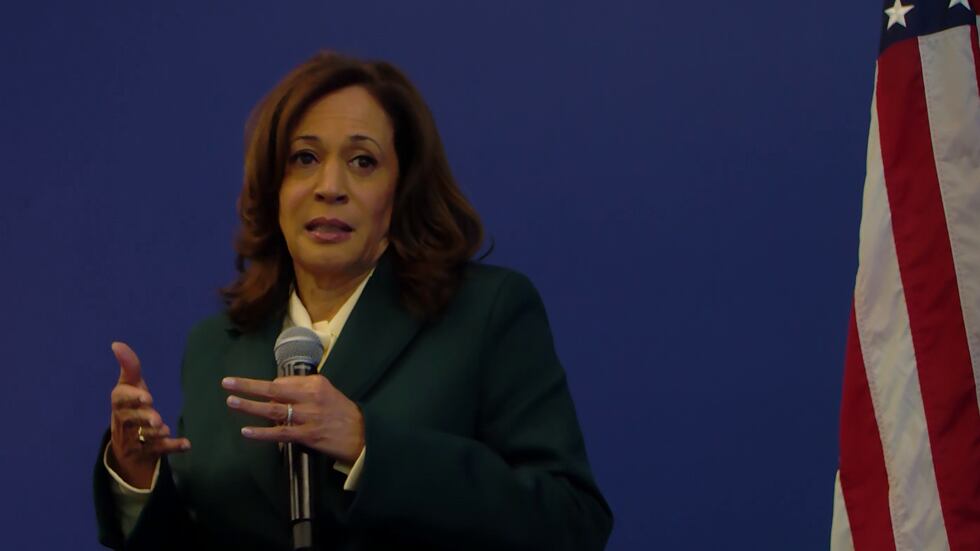 Former Vice President Kamala Harris addresses local leaders during the Memphis leg of her book...