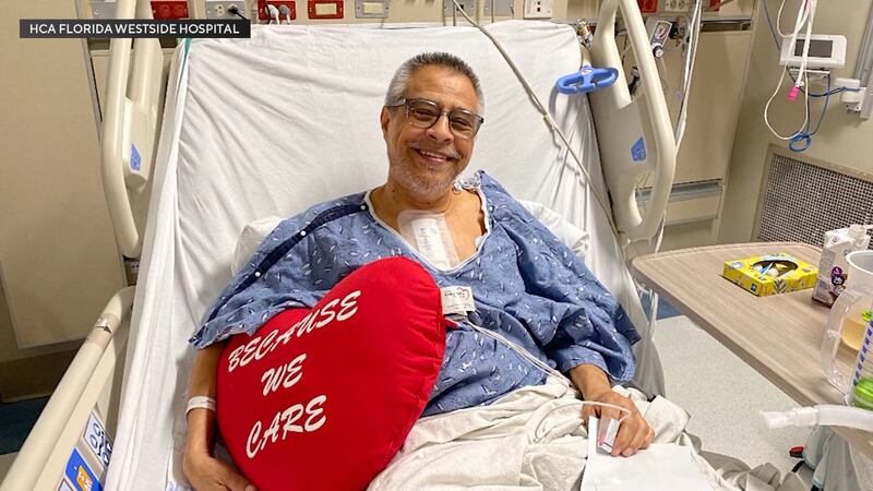 Luis Sanchez-Mendia, a 67-year-old gas station attendant, credits a nurse who stopped to fill...