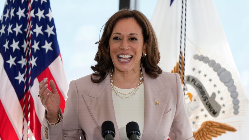 FILE - Vice President Kamala Harris speaks during a visit to the University of Miami's...