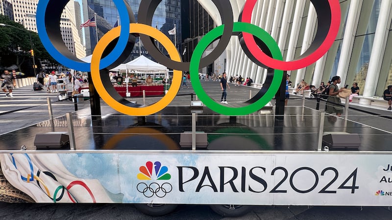 Olympic rings are on display in New York on Tuesday, July 9, 2024, ahead of the Summer...