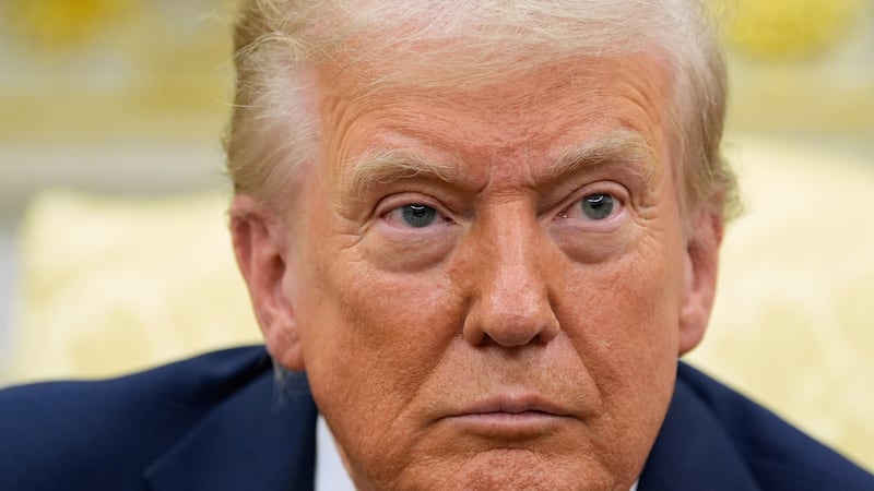 President Donald Trump listens during a meeting with Finland's President Alexander Stubb in...