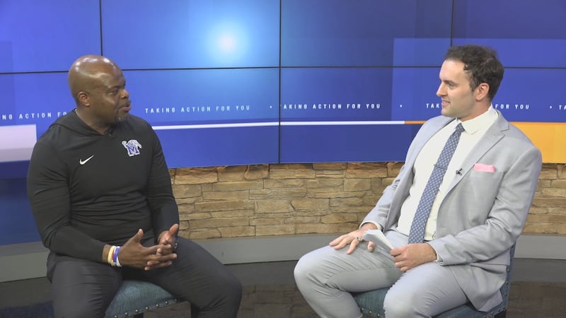 Memphis football head coach Charles Huff with Action News 5's Matt Infield on May 20, 2026.