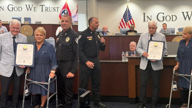 The Ciity of Bartlett presented a crossing guard honored after being hit by driver while...