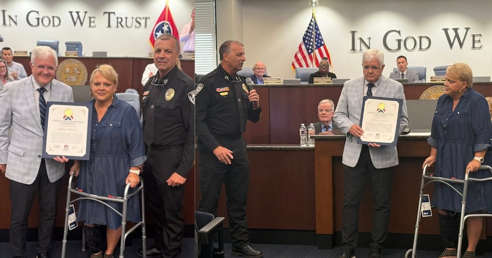 The Ciity of Bartlett presented a crossing guard honored after being hit by driver while...