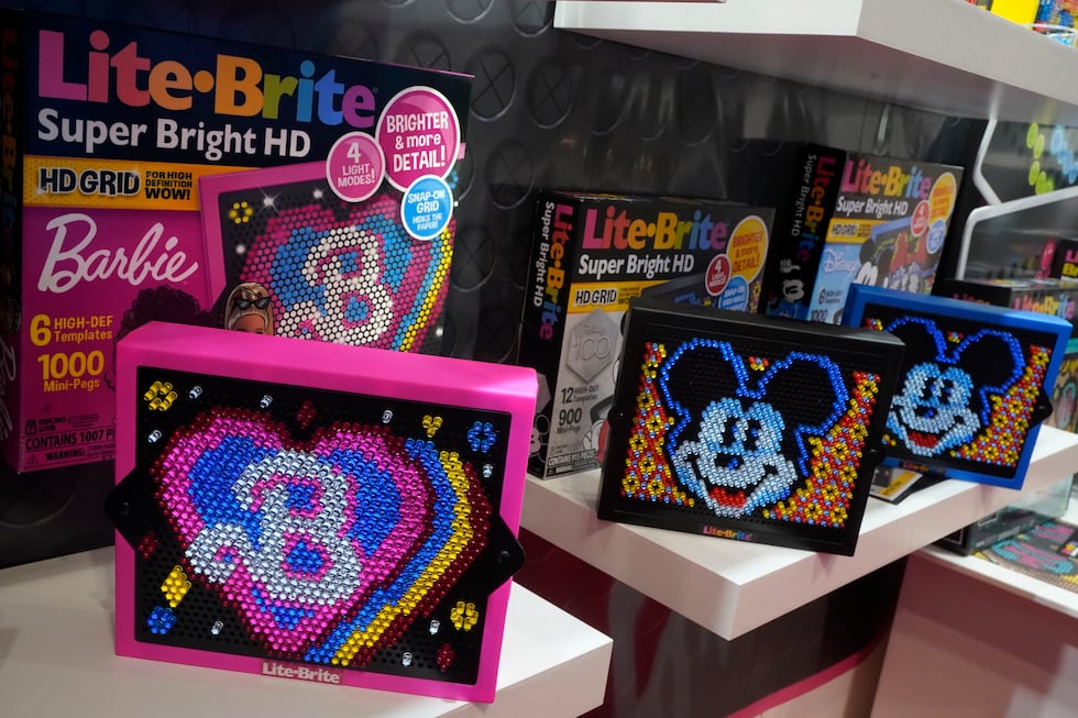 Retro toys Lite-Brite are displayed at the 2023 Toy Fair, at New York's Javits Center, Monday,...