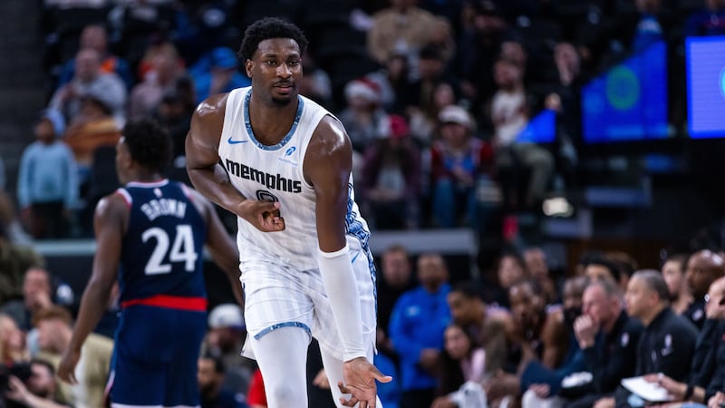 Memphis Grizzlies forward Jaren Jackson Jr. (8) gestures during the second half of an NBA...