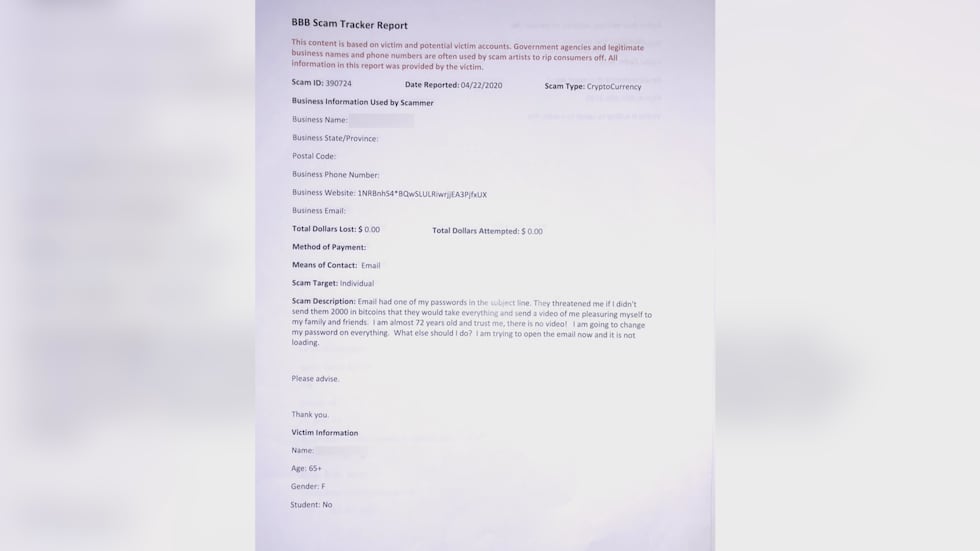 A Mid-Southerner reports a sextortion attempt to the BBB.