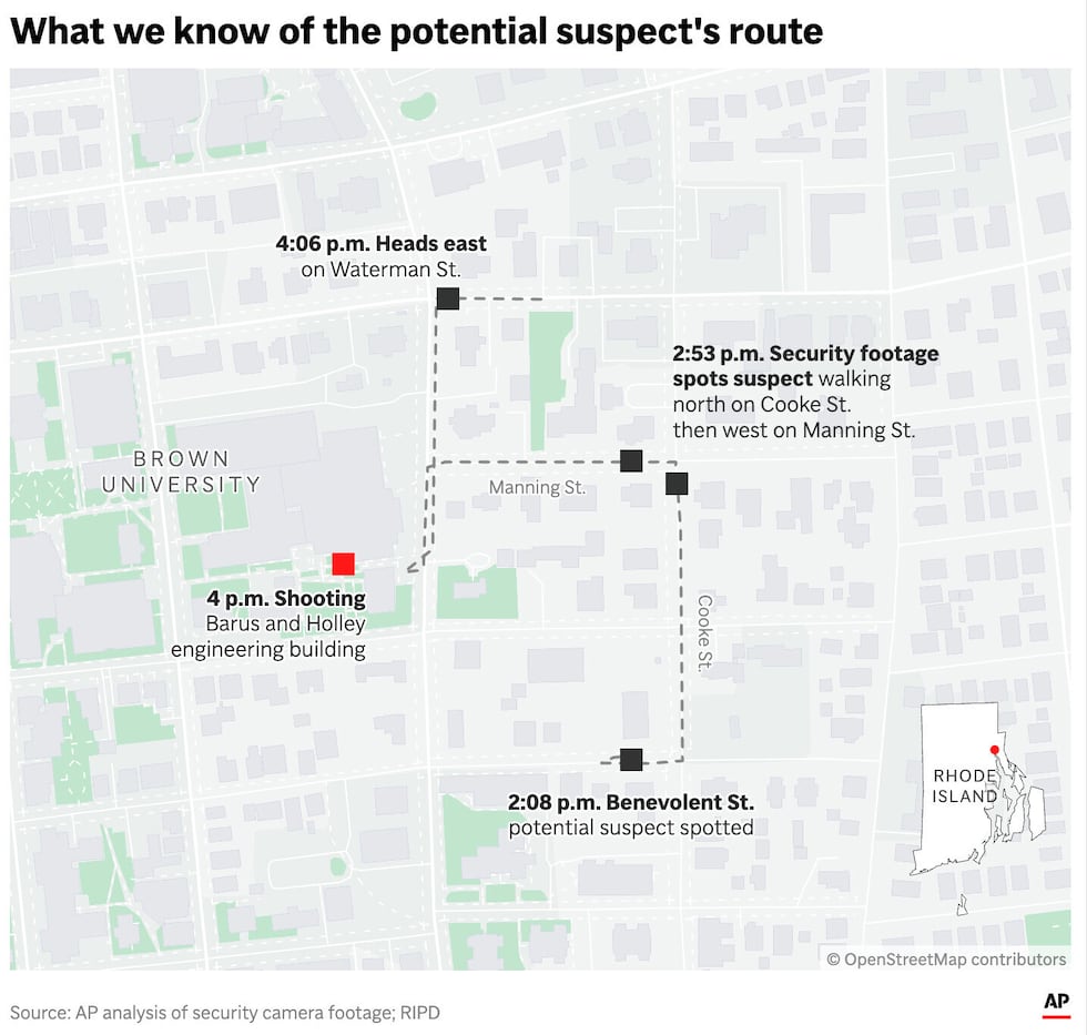 The map above shows the route of a potential suspect's route before and after the Brown...